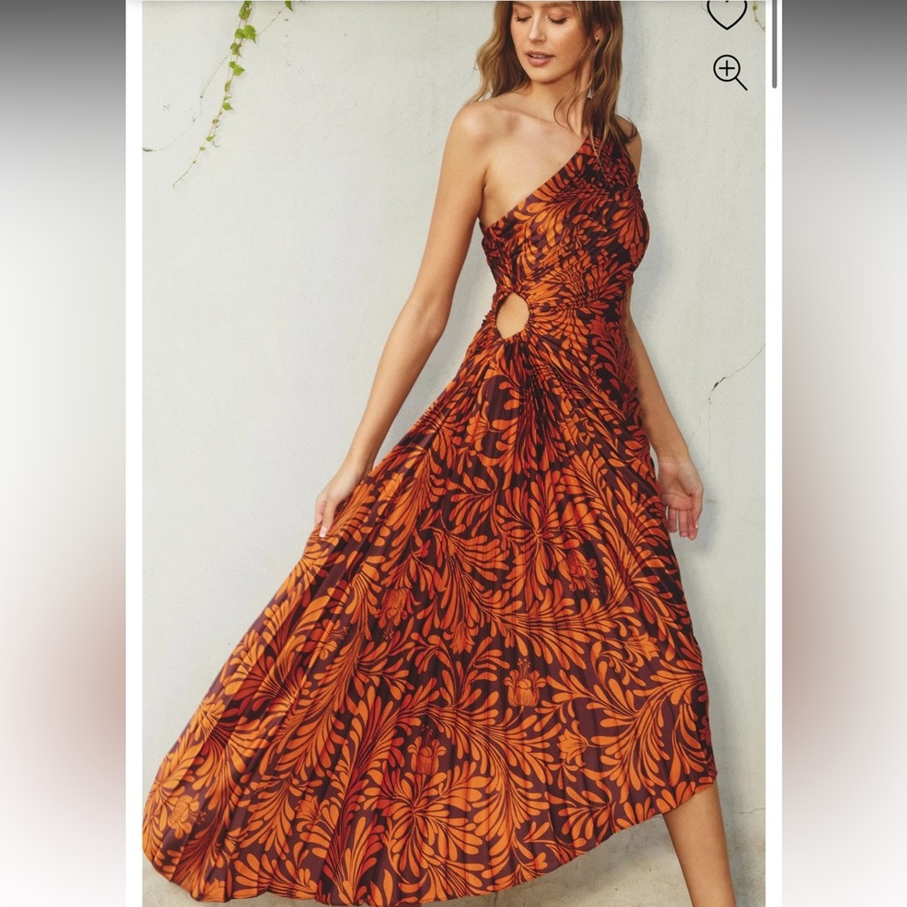 NWT Dress Forum Rust Pleated Print One Shoulder Maxi Dress - Size M